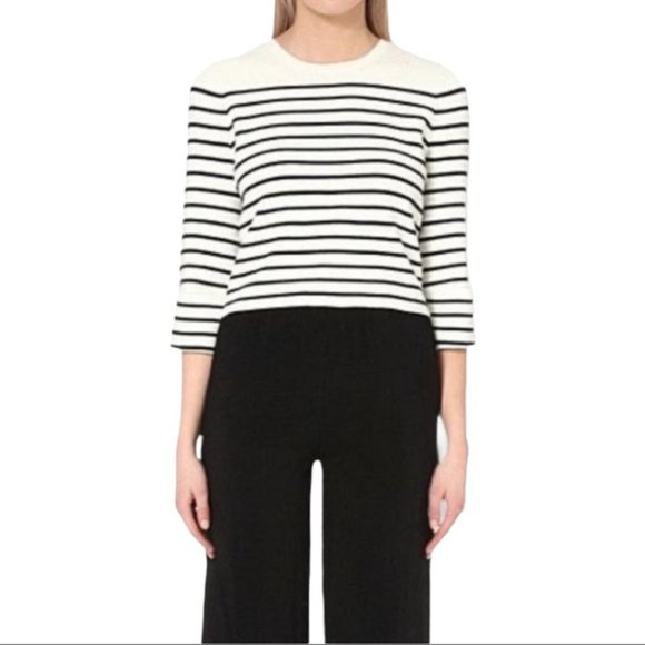Maje Montreal Ecru criss cross lace up back Breton stripe cropped sweater - Picture 3 of 10